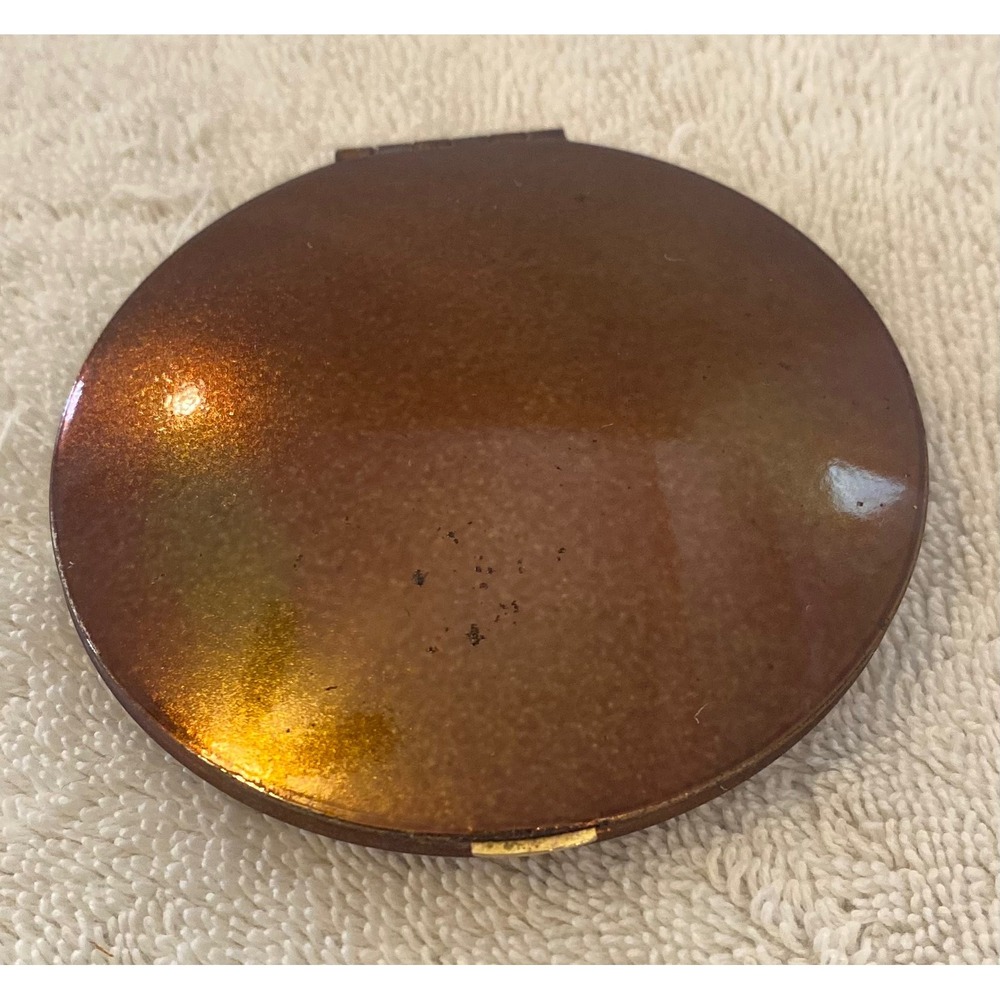 Estee Lauder Vintage Folding Compact Mirror Gold Tone Amber Brown Enamel Round